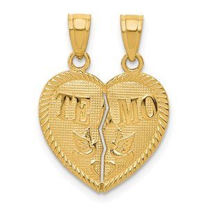 14k Yellow Gold Break Apart Diamond-cut TE AMO Heart Necklace Charms Pendant